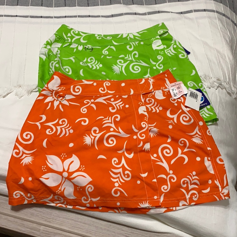 Wrap around bathing suit material skirts